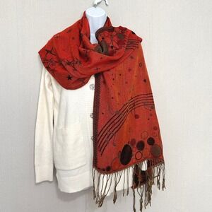 Pashmina Silk Blend Scarf Orange Brown Musical Notes Stars Reversible Shawl Wrap